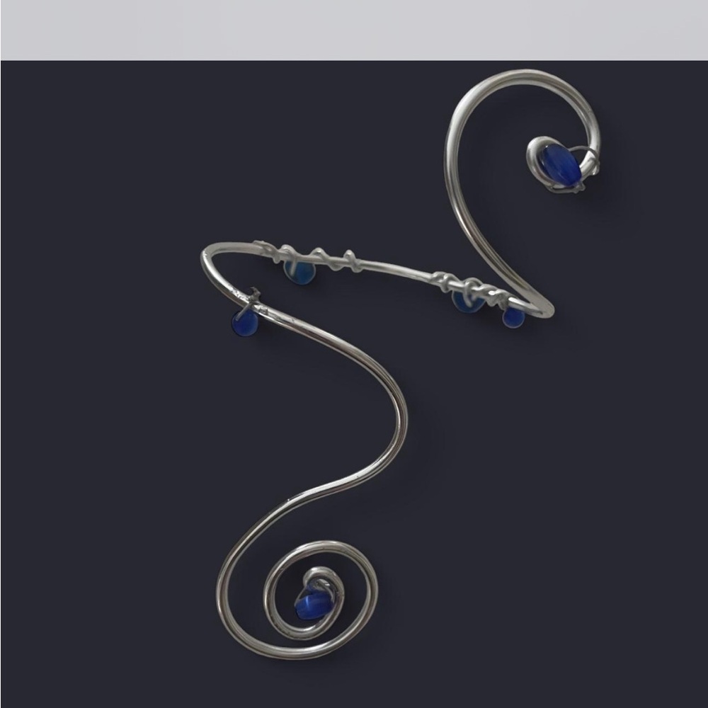 Silver Wire Spiral Arm Cuff with Blue Glass Accents